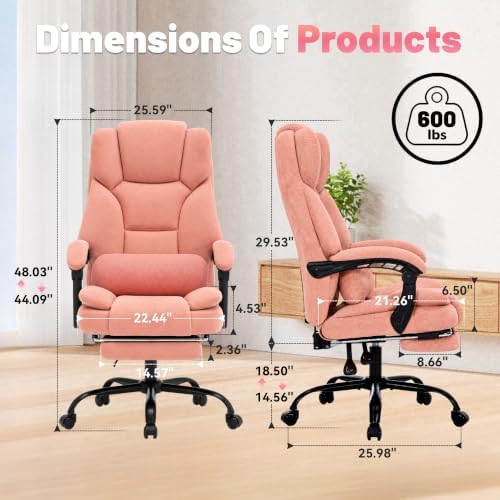 600LBS Executive Office Chair with FootRest for Heavy People High Back Ergonomic Gaming Chair with Lumbar Support Reclining Home Office Desk Chair with Pocket Spring Cushion Fabric (Pink)