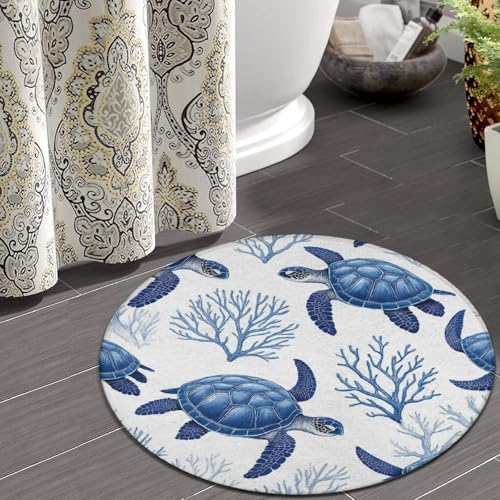 Soft Round Yoga Carpet, Large Home Decor Mat, Non Slip Machine Washable Kitchen Office Circle Rug Sea Turtle Grass Natural Watercolor