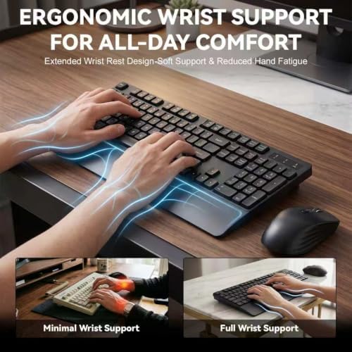 Wireless Keyboard and Mouse with Wrist Rest, 3 DPI Adjustable Mouse, 2.4G Lag-Free Cordless, Quiet and Soft Typing, Sleep Mode, Multimedia Keys, Compatible Windows Mac, Ideal for Business Home Office
