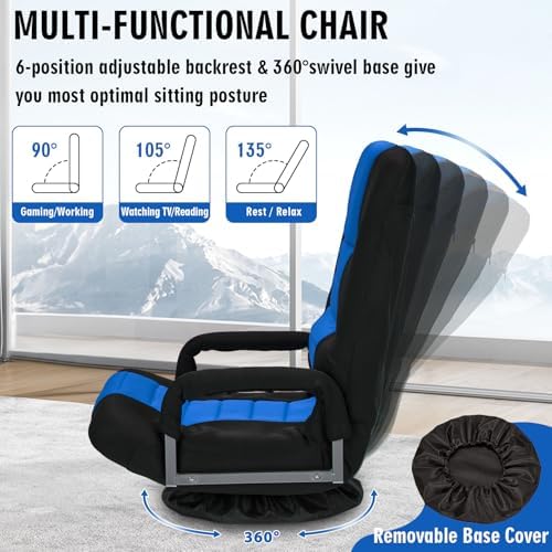 Swivel Floor Gaming Chair w/Armrests, Folding Video Reclining Sofa w/6 Adjustable Position, Padded Backrest & Cushion, Lazy Lounger Couch for E-Sports, Reading, Relaxing, Watching TV, Blue
