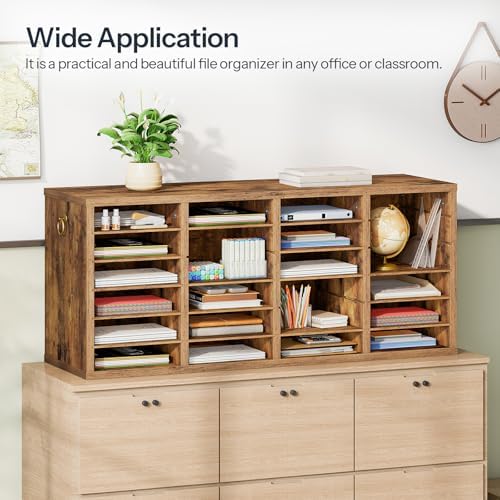HOOBRO Literature Organizers, 24 Compartments Office Mailbox with Adjustable Shelves, Wood Countertop Literature Sorter for Office, Home, Classroom, Mailrooms Organization Rustic Brown FG64WF01