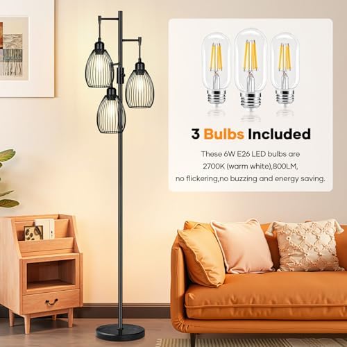 Dimmable Floor Lamp,3x800LM LED Bulbs Included, Farmhouse Industrial Floor Lamp Standing Tree Lamp with Teardrop Cage Head Tall Lamp for Living Room Bedroom Office Dining Room - Black & Marble Base
