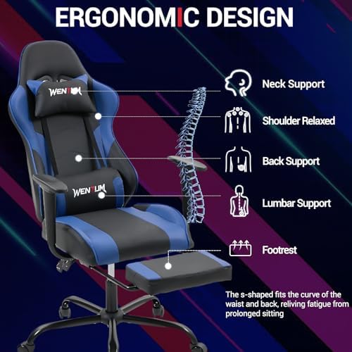 Gaming Chair with Footrest, Video Game Chair with Massage, PU Leather Computer Chair, Lumbar Support for Men Women, Home Office, Height Adjustable, Ergonomic High Back, Blue