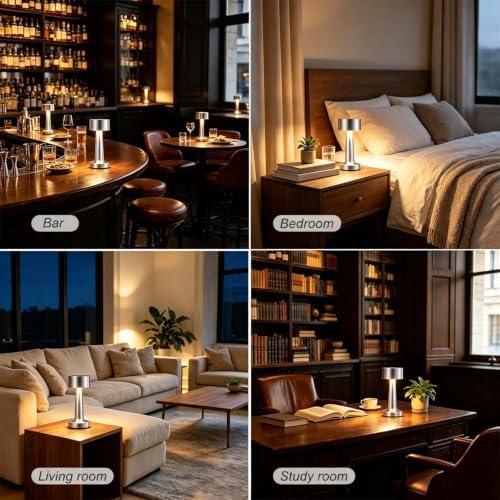 HPUFKOT Portable LED Table Lamp, 3-Levels Brightness Metal Desk Lamp,3 Color Touch Control Rechargeable Lamp, Ideal Bedside Lamp for Nightstand,Bedroom, Living Room (Silver)