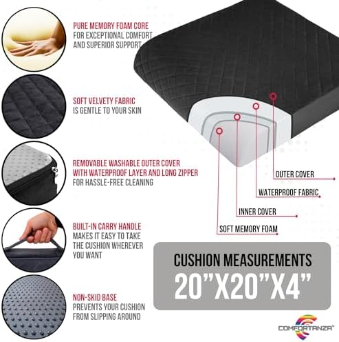 Medium-Soft 20x20x4 Memory Foam Recliner Chair Seat Cushion for Long Sitting - Armchair Pad with Washable Velvety Cover with Waterproof Layer & Non-Slip Base for Seniors & Elderly - Black