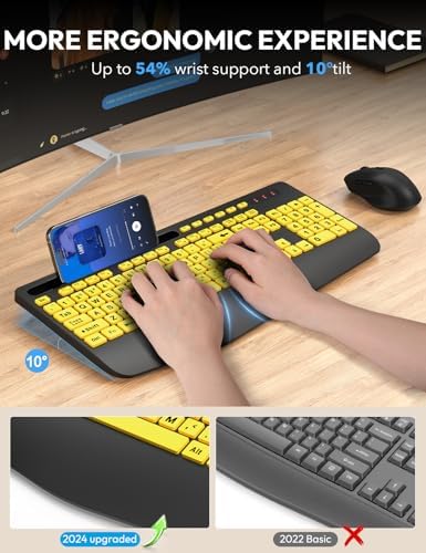 SABLUTE Wireless Keyboard and Mouse Combo with Large Print, Ergo Wrist Rest