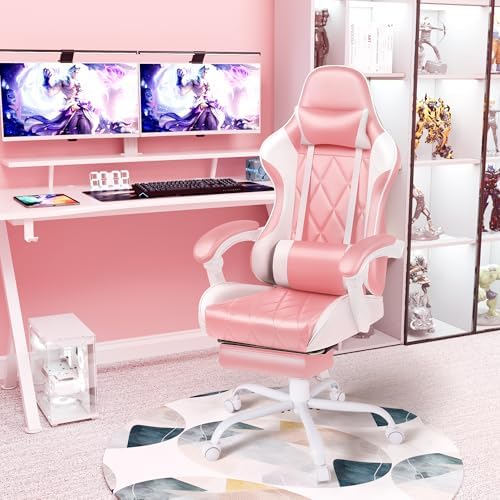 Shahoo Gaming Chair with Footrest and Massage Lumbar Support, Ergonomic Office Computer Seat Height Adjustable with Headrest, Pink