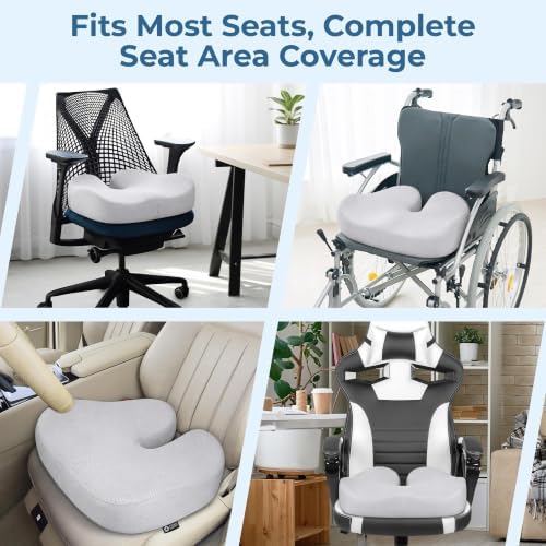 5 STARS UNITED Seat Cushion - Memory Foam Chair Cushion for Tailbone Pain Relief - Ergonomic Support for Coccyx, Sciatica & Butt - Office, Desk & Gaming Chair, Car Seat, Wheelchair, Light Gray Mesh