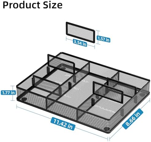 Marbrasse Desk Drawer Organizer, Metal Mesh Drawer Organizer Tray with 5 Adjustable Compartments,Desk Organizers and Accessories for Home,Office,Kitchen,Makeup,Vanity (Black,2Pack)