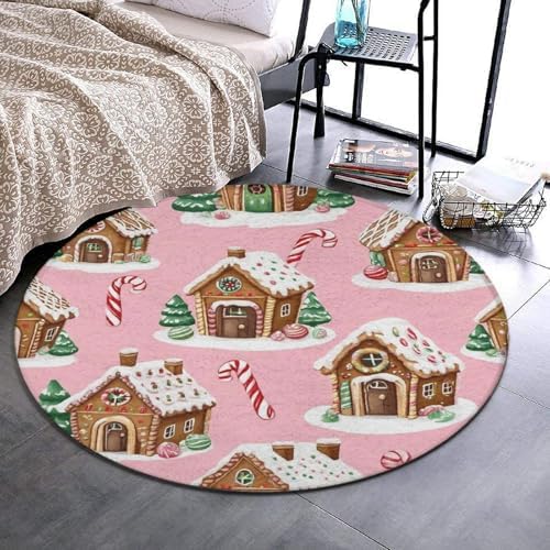 Soft Round Yoga Carpet, Office Chair Decor Round Mat for Carpet and Hardwood Floors Pink Xmas Gingerbread House Christmas