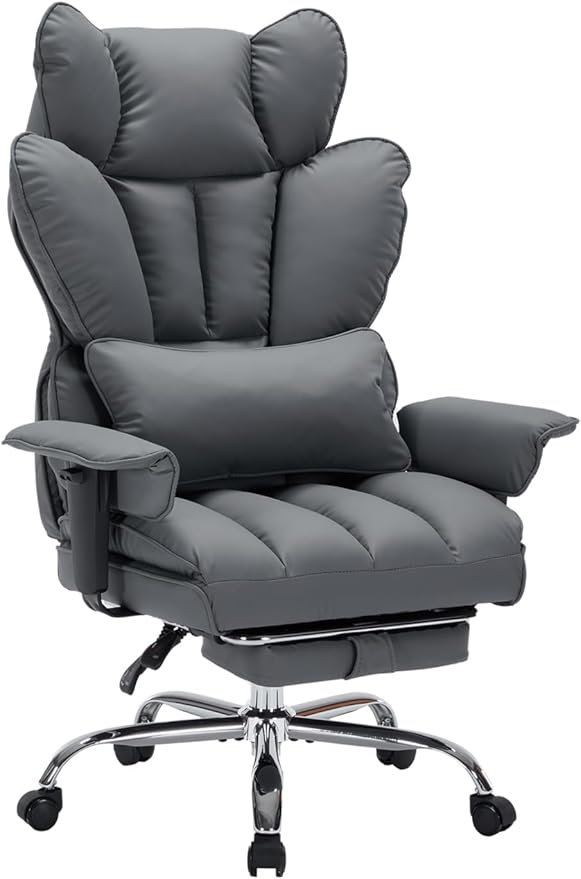 Garvee Big and Tall Office Chair, Executive Leather Office Chair with Footrest, 400lbs Ergonomic Gaming Chair for Adults, Wide Seat Computer Desk Chair with Lumbar Support, 150 Degree Reclining, Gray