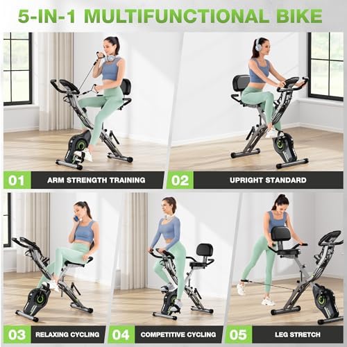 Exercise Bike, 5 in 1 Foldable Stationary Bike for Seniors, 16-Level Adjustable Magnetic Resistance, Indoor Workout Bike with 330LB Capacity, Comfortable Seat Backrest X-bike