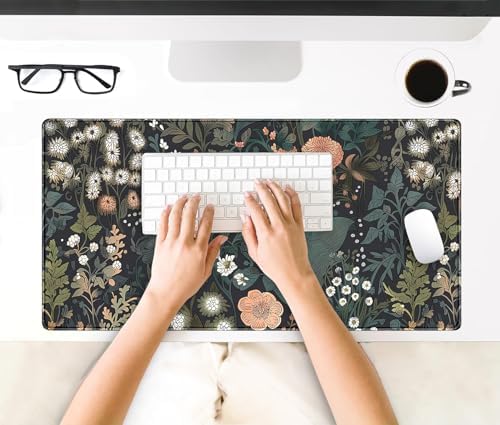 Dark Flower Desk Mat Floral Plants Mouse Pad Boho Aesthetic Wildflowers Large Gaming Mousepad Desk Pad, XXL Keyboard Mouse Mat Full Desktop Mat Women Office Desk Accessories 31.5"x15.7"