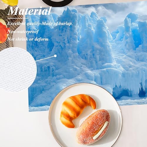 Shrahala Winter Icicle Blue Set Of 4 12 X 18 Inch Linen Placemats , White Mist Snow Scene Burlap Table Mat Washable Double Layered Heat Insulation For Indoor/Outdoor
