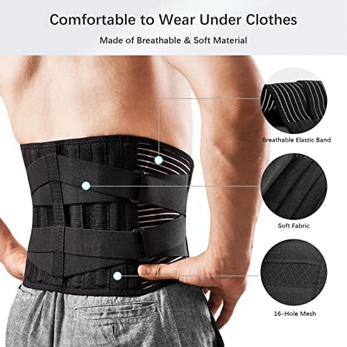 FREETOO Back Braces for Lower Back Pain Relief with 6 Stays, Breathable Back Support Belt for Men/Women for work, Anti-skid lumbar support belt with 16-hole Mesh for sciatica(Waist Size:45.3''-55'')