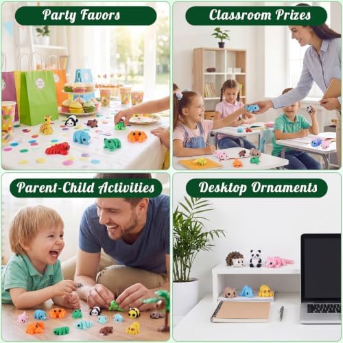 Prudiut 60 Pcs 3D Printed Animals Figurines Set Mini 3D Printed Flexible Articulated Desk Pets for Classroom Rewards Party Favors Student Prizes Collectible Animal Figures Goodie Bags, Diverse Styles