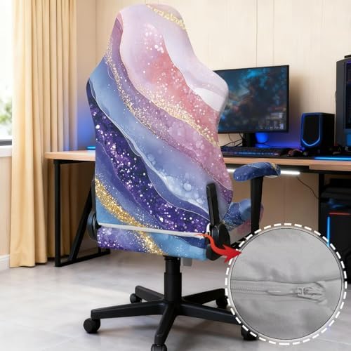 Gradient Marble Pattern Gaming Chair Cover with Armrest Cover Easy to Install Zipper Design Slipcover Scratch Proof Non-Fading Universal Rotating Desk Chair Protector