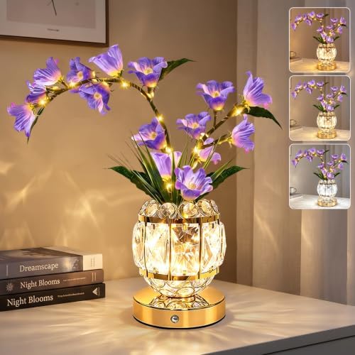 Lily Flower Lamps, Rechargeable Cordless Small Desk Lamp, 3 Colors Dimmable Artificial Flowers Night Light, Fake Bouquet 3 Lilies with Crystal Vase for Home Date Party Decoration (Purple - May Bells)