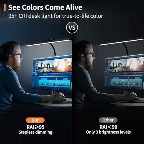 Black LED Desk Lamp, 24W Anti-Glare Eye-Caring Computer Light, Flexible Desk Light with Gooseneck, Memory Function with Auto-Dimming, Kids Desk Lamp with Clamp Base for College Dorm Room