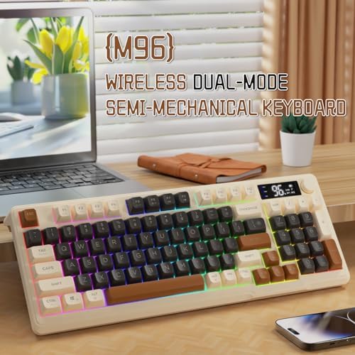 LexonElec M96 Wireless Gaming Keyboard,Knob Control Bluetooth/2.4G Wireless Mechanical Feeling Keyboard,RGB LED Backlit with Display Screen, PBT Keycap, 3000mAh, 94-Key Layout for Win/Mac(Coffee)