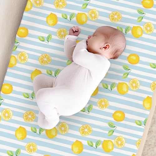 Summer Lemon Leaves Stripes Pattern Baby Changing Pad Cover, Unisex Fruits Nursery Diaper Changing Table Pad Mat Sheet for Boys Girls-16x32