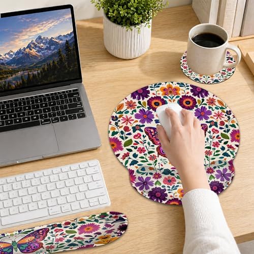Keyboard Wrist Rest Pad Ergonomic Mouse Pad Set,Vintage Floral Butterfly 3 in 1 Memory Foam Mouse Pad with Non Slip Base for Office and Home