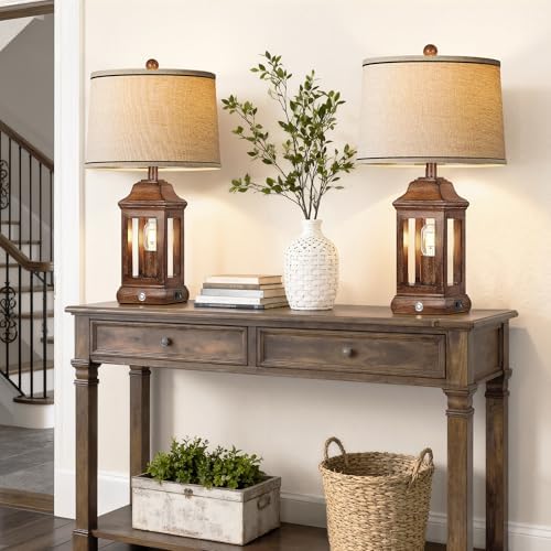 24" Rustic Farmhouse Table Lamps for Living Room Set of 2, Touch Dimmable Nightlight Vintage Bedside Lamps with USB A+C Ports & Dual Light Sources for Bedroom Nightstand End Table, Wood Grain