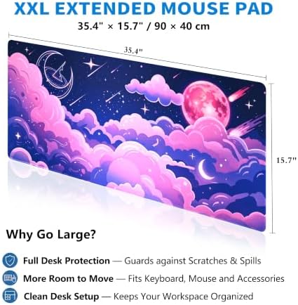 Extended Cute Kawaii Desk Mat, XXL Large Gaming Mouse Pad, Pink Galaxy Cloud Moon Stitched Edges Waterproof with Non-Slip Rubber Base for Computer Keyboard Laptop Work Home Office 35.4"x15.7"