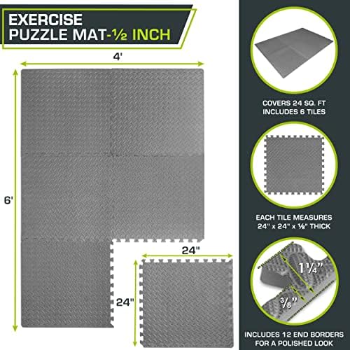 ProsourceFit Exercise Puzzle Mat ½-inch, EVA Interlocking Foam Floor Tiles for Home Gym, Workout Equipment, Kids Play Areas, Grey, 24 SQ FT - 6 Tiles
