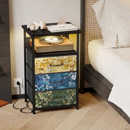Fixwal Night Stand with 3 Fabric Drawers, Nightstand with Charging Station