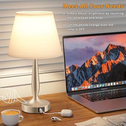 Kakanuo Touch Table Lamp for Bedroom, Small Bedside Lamp with USB C Charging Port, 3 Way Dimmable Touch Control Nightstand Lamp for Living Room, White Shade and Champagne Gold Base
