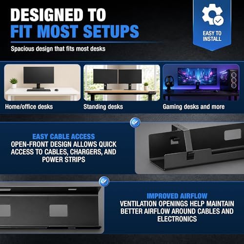 Under Desk Cable Management Tray 23.6" – Steel Wire Cable Holder Organizer for Work from Home, Office & Gaming Setup