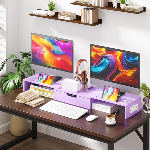 Dual Monitor Stand with USB Ports Wood Monitor Stand Riser with Drawer