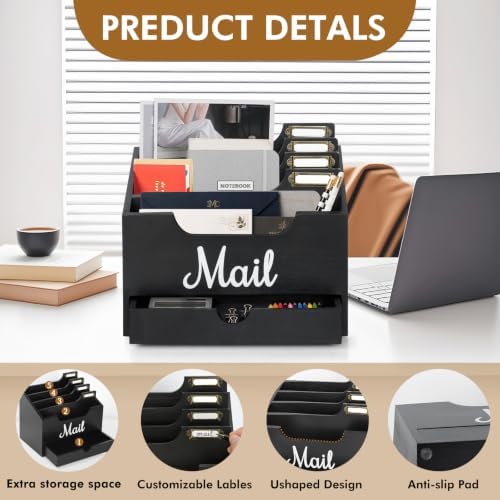 Rustic Wood Mail Organizer Countertop with Drawer, 4-Slot Removable Divider Mail Sorter, Black Desktop Mail Holder, Multi-Functional Bill File Stationary Organizer for Home Office Classroom