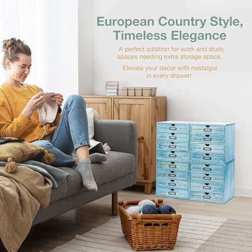 4-Pack Turquoise Countertop Organizer Drawers - Stackable 4-Drawer Mini Filing Cabinets for Desktop - 9.7x7x10in European Country Style Storage Drawers w/Label Holders, Fully Assembled