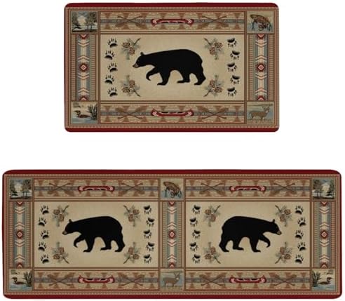 Rustic Lodge Bear Anti Fatigue Kitchen Mats, 17.3"x47"+17.3"x29"