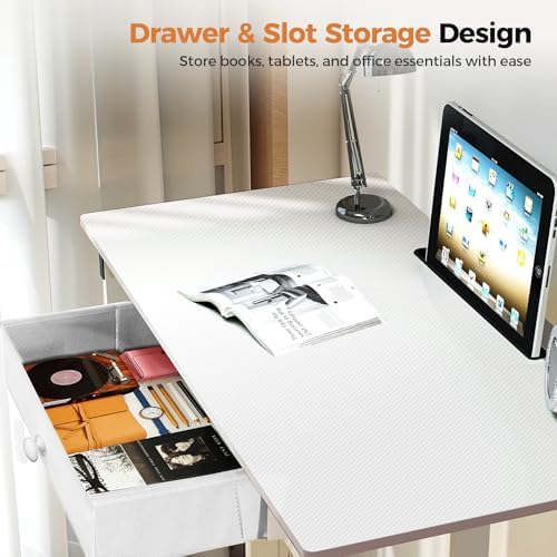 GTPLAYER Small Mobile Standing Desk, 32In Wide Adjustable Height Stand Up Desk for Home Office, Portable Sit Stand Rolling Computer Desk with Wheels Storage Drawer and Slot, Carbon Fiber Style White