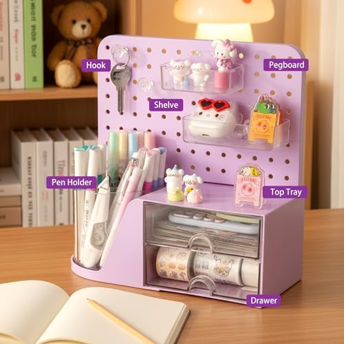 Comix Desk Organizer with 2 Drawer, Purple 360 Rotating Pen Holder for Desk