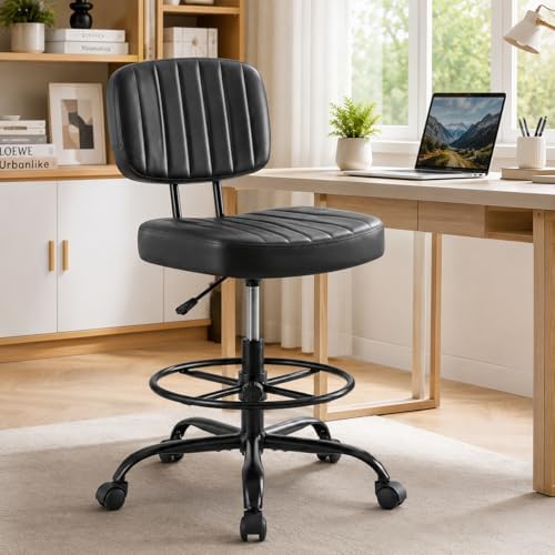 Simple Deluxe Tall Drafting Chair, Low Back PU Leather Standing Desk Chair with Footrest Ring, Swivel Rolling Stool for Studio, Lab, Counter and Small Spaces, Black
