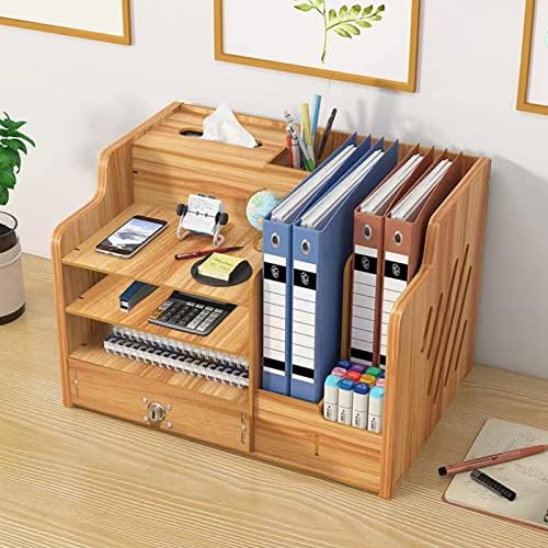 Bamboo Desk Organizer, Desktop Wood Bookshelf File Organizer, Pen Holder and Tissue Holder, 1 Drawer with lock for Office, Home, Need to Install(Cherry Wood)