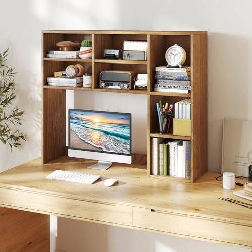 Giantex Desktop Bookshelf, Desk Hutch Dorm w/ 7 Cubes & 3 Adjustable Shelves, Desk Shelf for Up to 27" Computer Monitors, Wooden Desktop Storage Organizer for Dorm College Office Homem, Natural