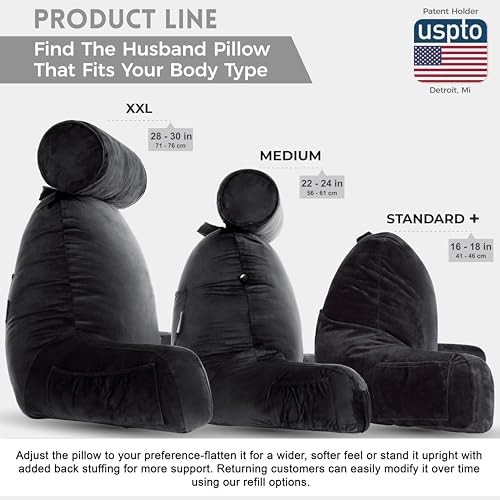 Husband Pillow XXL The Original for Adults - 30" Tall Backrest for Sitting Up in Bed - Firm Support Reading & Bed Rest Pillows for Adults, Neck Roll, Removable Cover - TV - Black