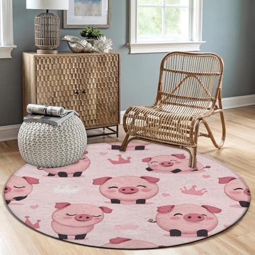Soft Round Yoga Carpet, Large Home Decor Mat, Non Slip Machine Washable Kitchen Office Circle Rug Cute Pig Pink