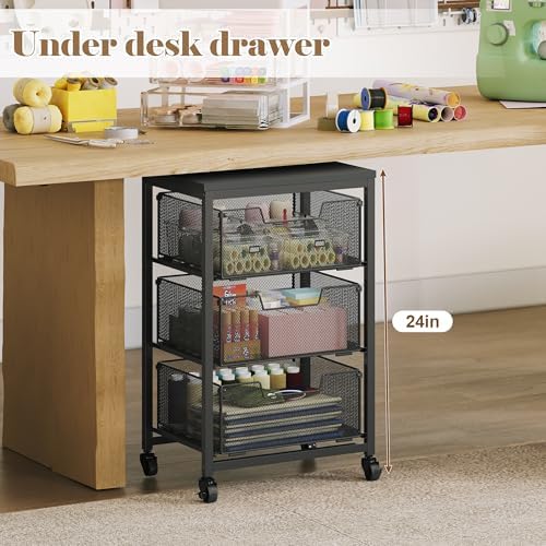 Under Desk Storage Cart with Lockable Wheels, 3-Drawer Rolling Storage Cart, Metal Utility Cart with Drawers for Art, Cart, Classroom, Office, Kitchen, Bedroom, Dorm Storage Under Bed