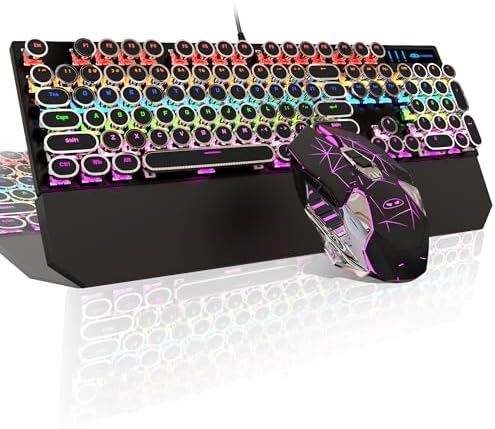 Typewriter Mechanical Gaming Keyboard and Mouse Combo, Retro Punk Round Keycaps RGB Rainbow Backlit Wired Keyboard for Game and Office, for Windows Laptop PC, Red Switches(Black)