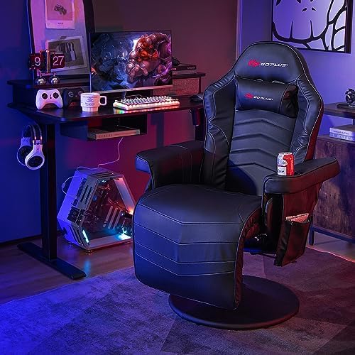 Goplus Gaming Chair, Height Adjustable Massage Video Game Chair with Retractable Footrest, Cup Holder, Headrest, Swivel Office Chair, Racing Style Swivel Gamer Chair (Black)