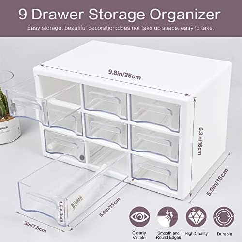 Desk Storage Organizer with 9 Drawers, MYKASEN Clear Plastic Storage Cabinet, Stackable Desk Storage Box for Makeup Office Craft Hardware Art Supplies, 9.8x6.3x5.9inch(White)