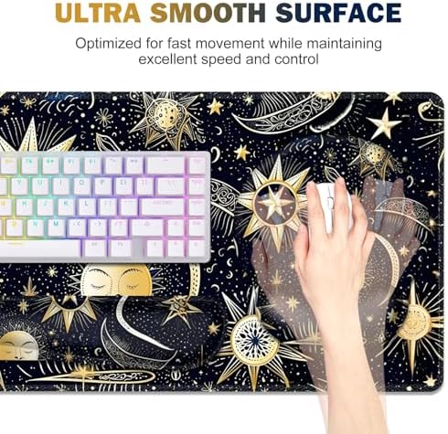 Gaming Mouse Pad, Large Desk Mat, Cute Desk Pad Protector, 4in1 XXL Mousepad + Keyboard Wrist Rest+Mouse Wrist Rest+Coaster Set with Ergonomic Desk Pad for Home Office PC Computer, Stars and Moon