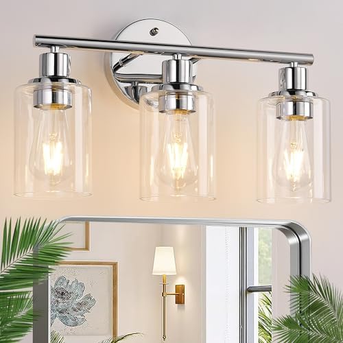 Zarbitta 3-Light Bathroom Light Fixtures, Chrome Bathroom Wall Light with Clear Glass Shade, Bathroom Wall Lamp for Mirror Kitchen Living Room Hallway Cabinet