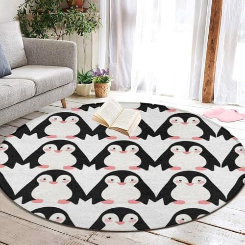 Fashion Round Area Rug Large Non Slip Carpet, Animals Black and White Penguins Print Unisex Home Decor Mat